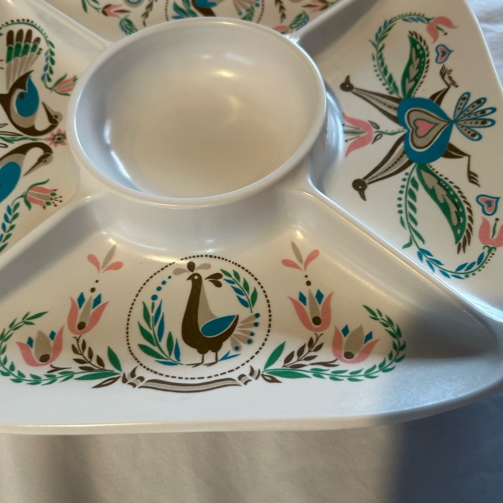 Vtg Melamine Large Divided Tray Square Penna Dutch Symbols MCM 14” Peacock Doves - Picture 4 of 8